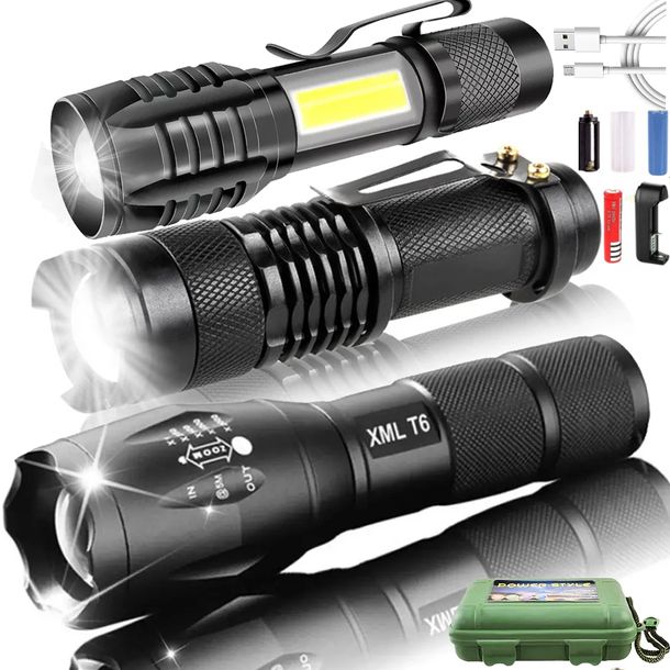 Zestaw 3x Mocna Latarka Taktyczna Led Cree Zoom Xml-t6 + 2x Q5 Wodoodporna