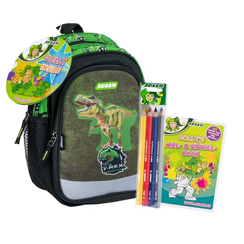 JOLLY Plecak do przedszkola z motywem dinozaura, 6-częściowy zestaw, w zestawie 4 kredki X-Big (żółty, czerwony, niebieski, szary), 1 kolorowanka A6, plecak dla chłopców, odpowiedni dla dzieci w