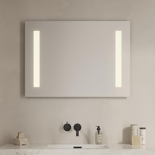 Loevschall Godhavn kwadratowe lustro łazienkowe z oświetleniem LED, z włącznikiem dotykowym, 90 x 65 cm, regulowane lustro łazienkowe z oświetleniem