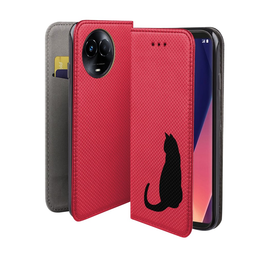 Etui z klapką do REALME 11 5G wzór czarny kot, kabura czerwona, case