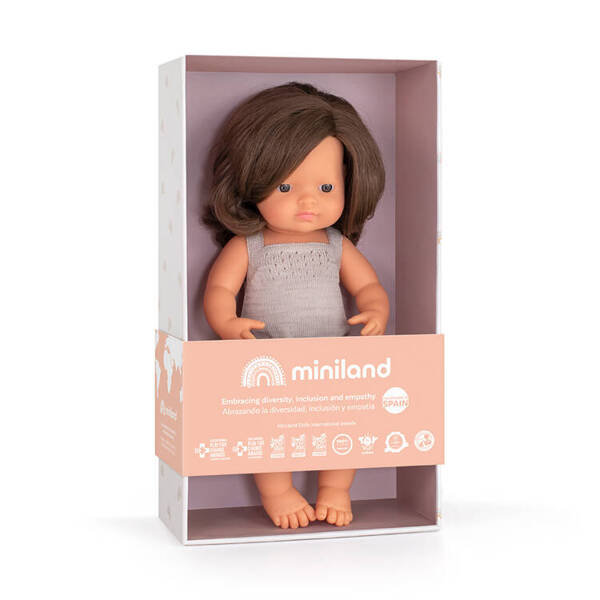 Miniland Baby Lalka dziewczynka Europejka Brązowe włosy Colourful Edition 38cm