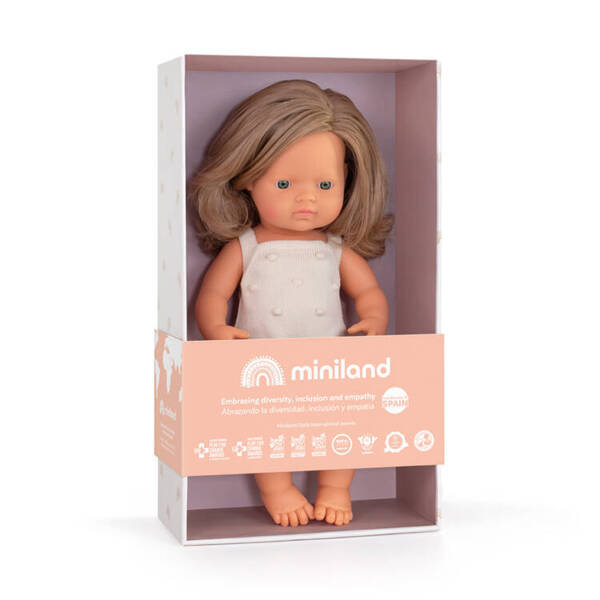 Miniland Baby Lalka dziewczynka Europejka Ciemny Blond Colourful Edition 38cm