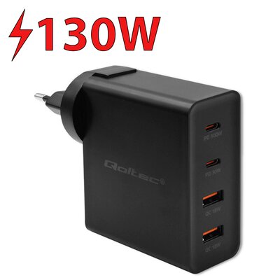 Qoltec Ładowarka GaN POWER PRO 2x USB-C/USB 130W