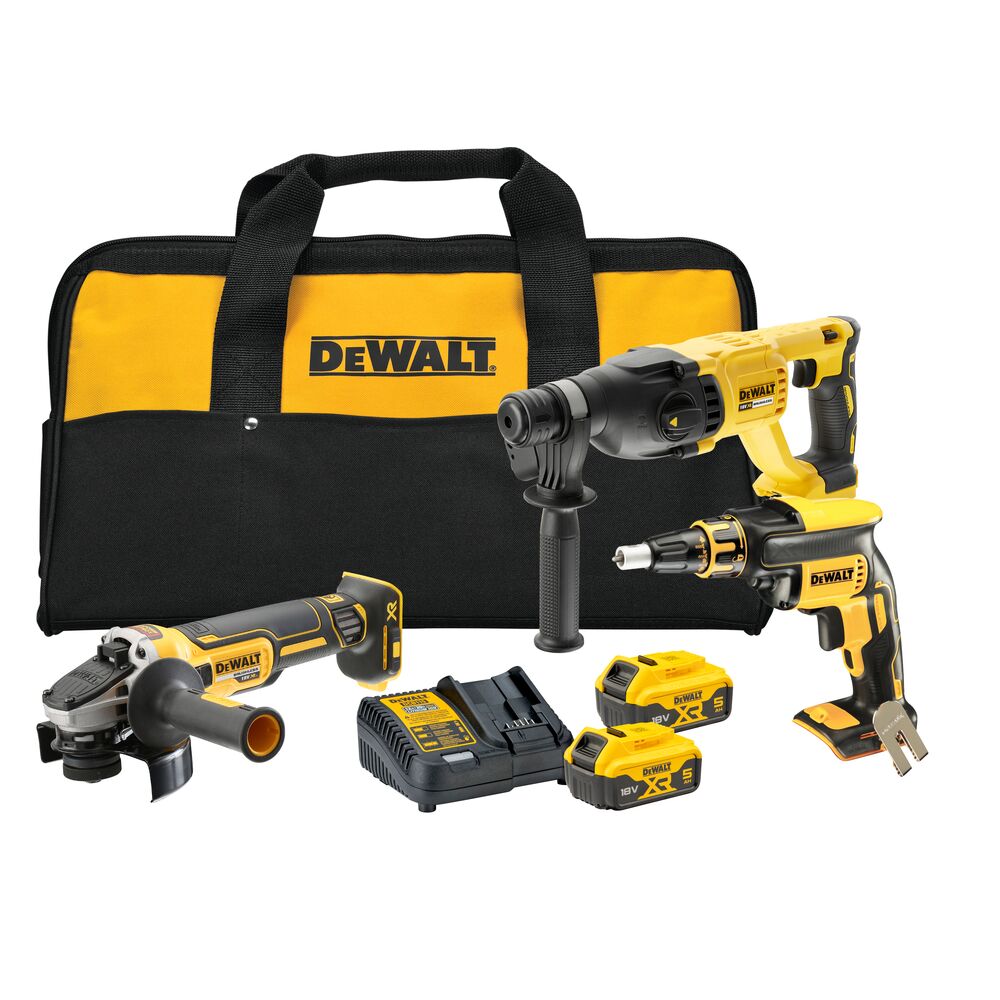 Фото - Набір електроінструменту DeWALT Zestaw Combo 18V 5Ah BL DCH133+DCG405+DCF620 x2aku 