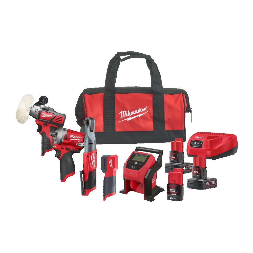 Milwaukee M12 FPP5A-423B akumulatorowy 5-narzędziowy zestaw Powerpack (M12 FIWF12+M12 FIR12+M12 BI-0+M12 BPS+M12 CML) 12V 1x4,0Ah 1x2,0Ah Li-Ion w...