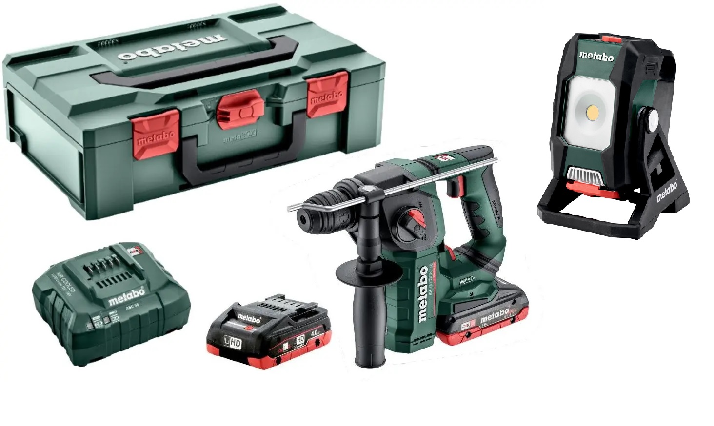 Metabo akumulatorowy 2-narzędziowy zestaw elektronarzędzi (KH 18 LTX BL 24 Q + BSA 12-18 LED 2000) 18V 2x4,0Ah LiHD PL2230035