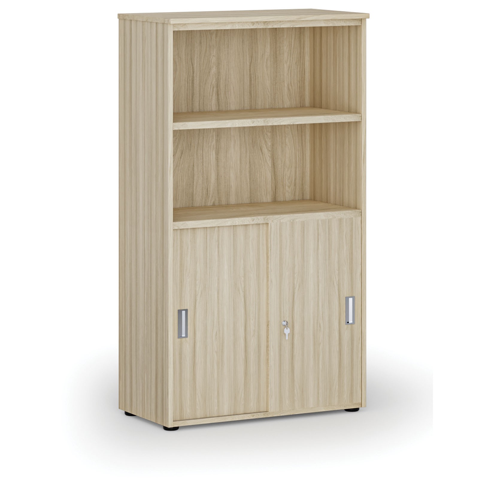 Szafa biurowa kombinowana PRIMO WOOD, drzwi przesuwne na 2 poziomach, 1434 x 800 x 420 mm, dąb naturalny