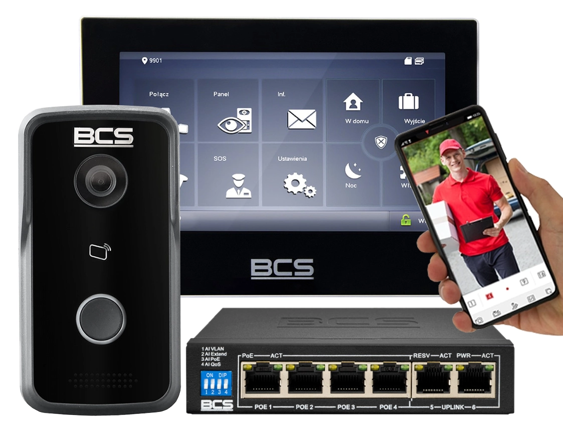 Wideodomofon IP BCS przez switch POE Wąski słupek Aplikacja Sterowanie Furtka Brama