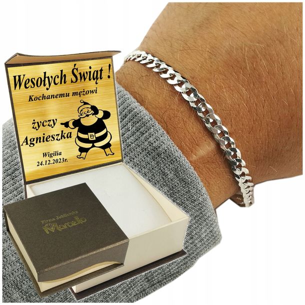 ﻿Srebrna Bransoleta Męska Pancerka 5mm/21cm Diamentowana 925 Grawer GRATIS