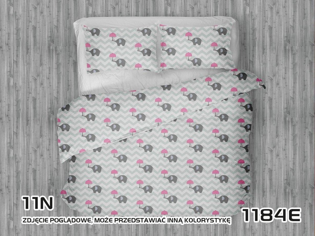 Pościel 160x200 1184E Słoniki szare zygzak biały parasol różowy