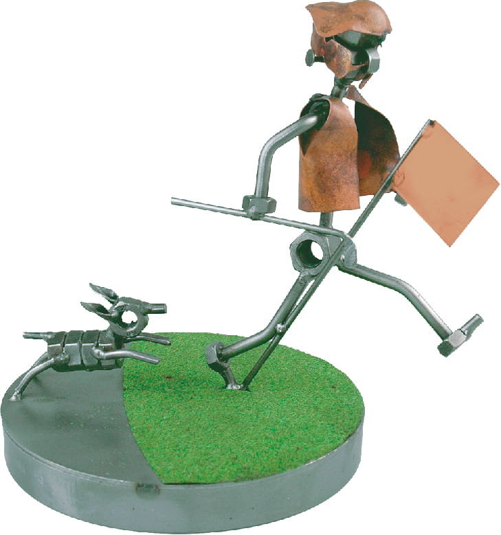 Metalowa figurka Golf z psem w pościgu. Prezent z humorem