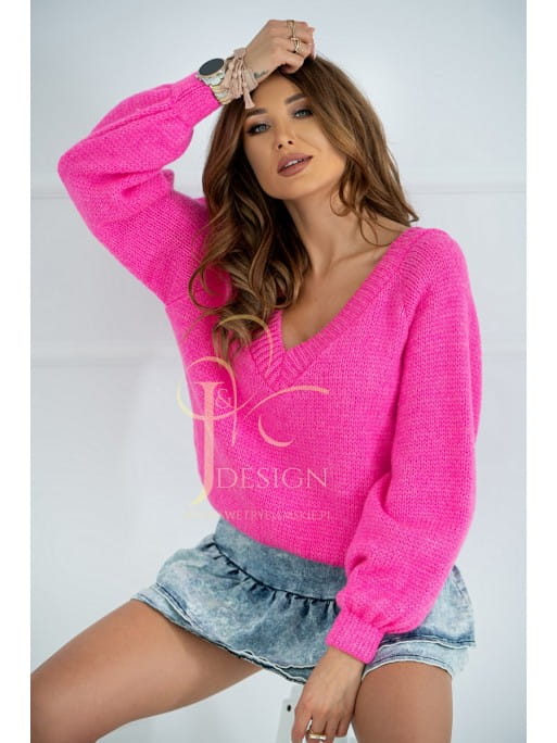 SWETER VICTORIA DEKOLT SEREK POLSKI PRODUCENT J&K PREMIUM -  FUKSJA - ETNEE