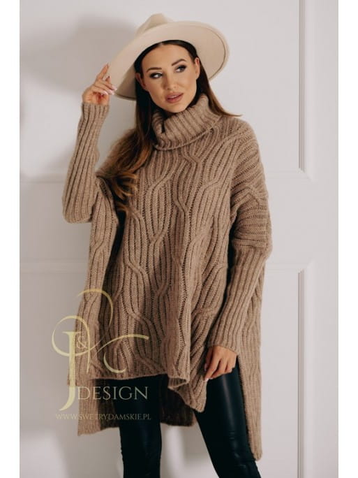 DŁUGI SWETER Z GOLFEM KARDIGAN PONCZO RITA POLSKI PRODUCENT J&K PREMIUM -  CAMEL BRĄZ