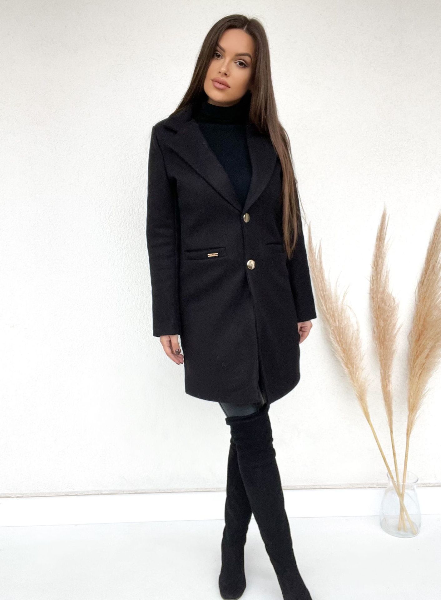 JESIENNY ELEGANCKI KLASYCZNY PŁASZCZ CLASSICO Z PODSZEWKĄ - CZARNY - MODA ITALIA