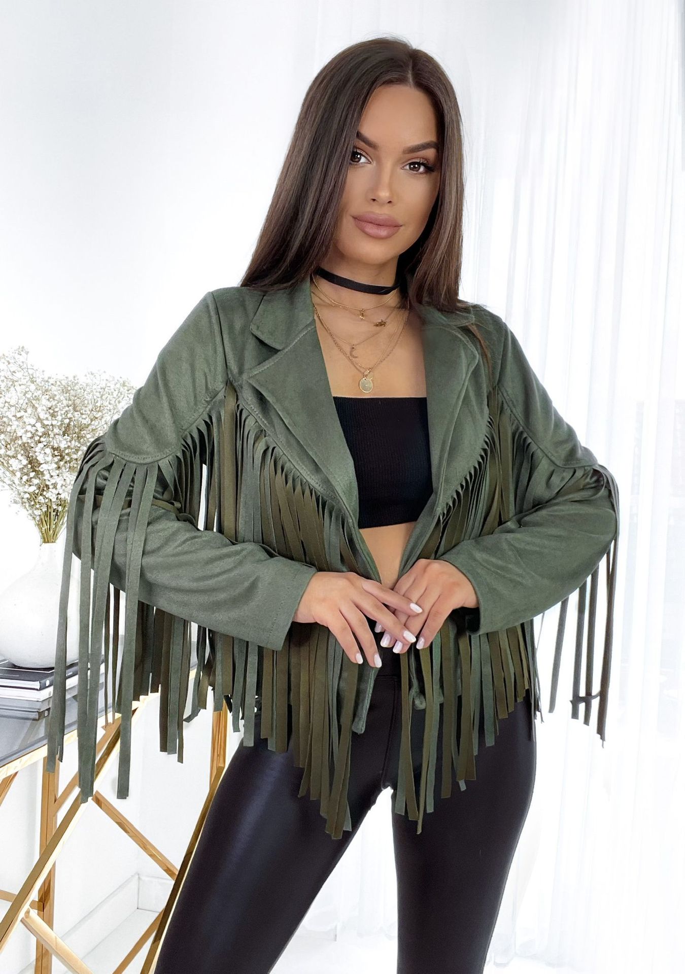 KURTKA RAMONESKA ZAMSZOWA IBIZA Z FRĘDZLAMI  - ZIELONA KHAKI - New Collection