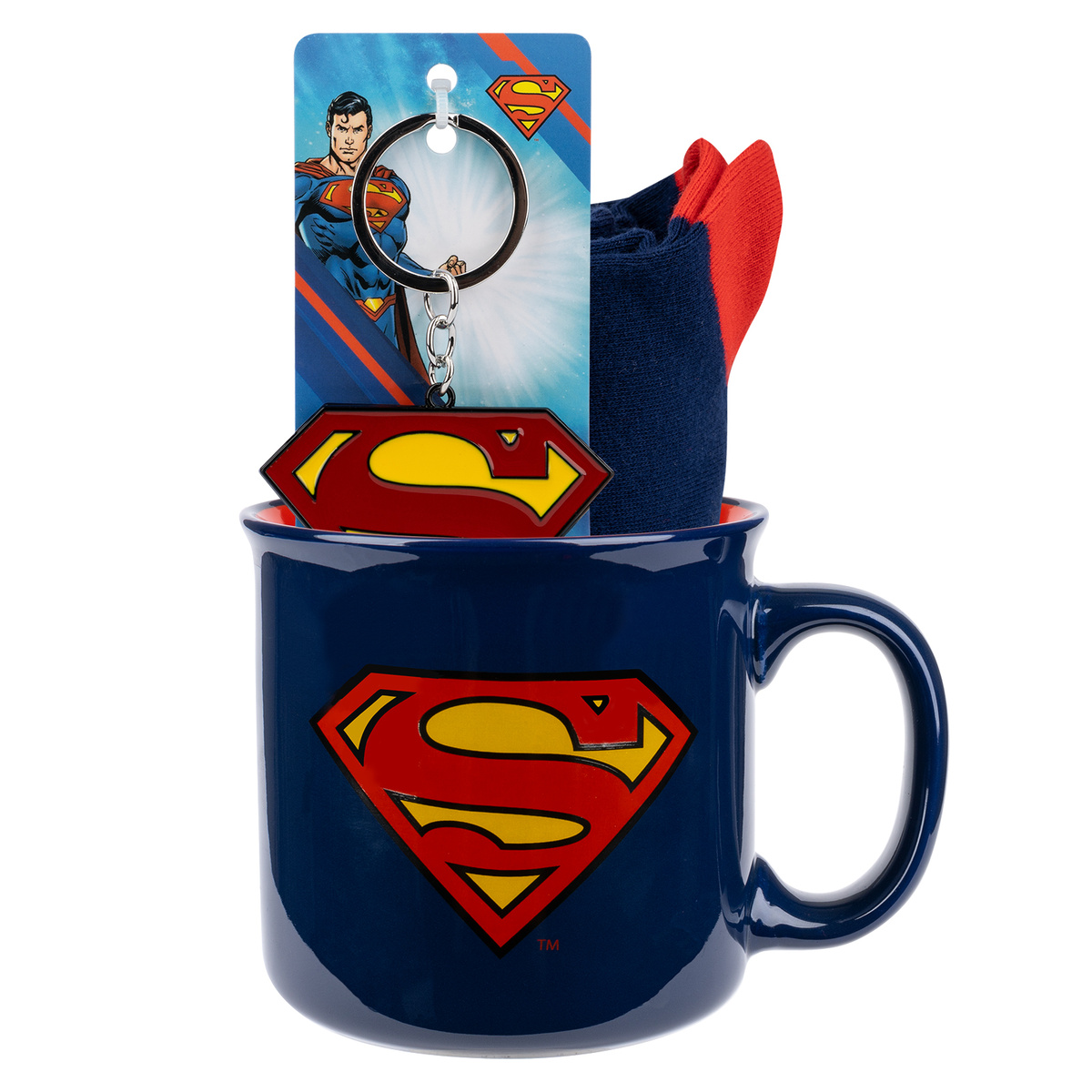Zestaw skarpetki męskie Superman w kubku z brelokiem - SOXO