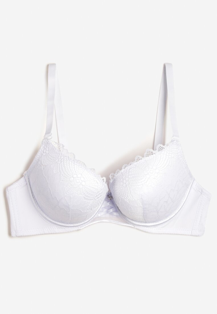 Biały Biustonosz Push Up z Ozdobną Koronką i Zawieszką Gialine