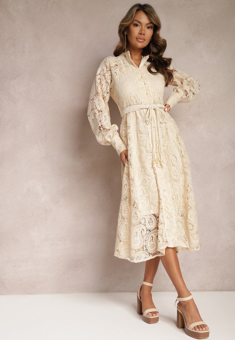 Jasnobeżowa Koronkowa Sukienka Midi z Ozdobnym Wiązaniem Camaela