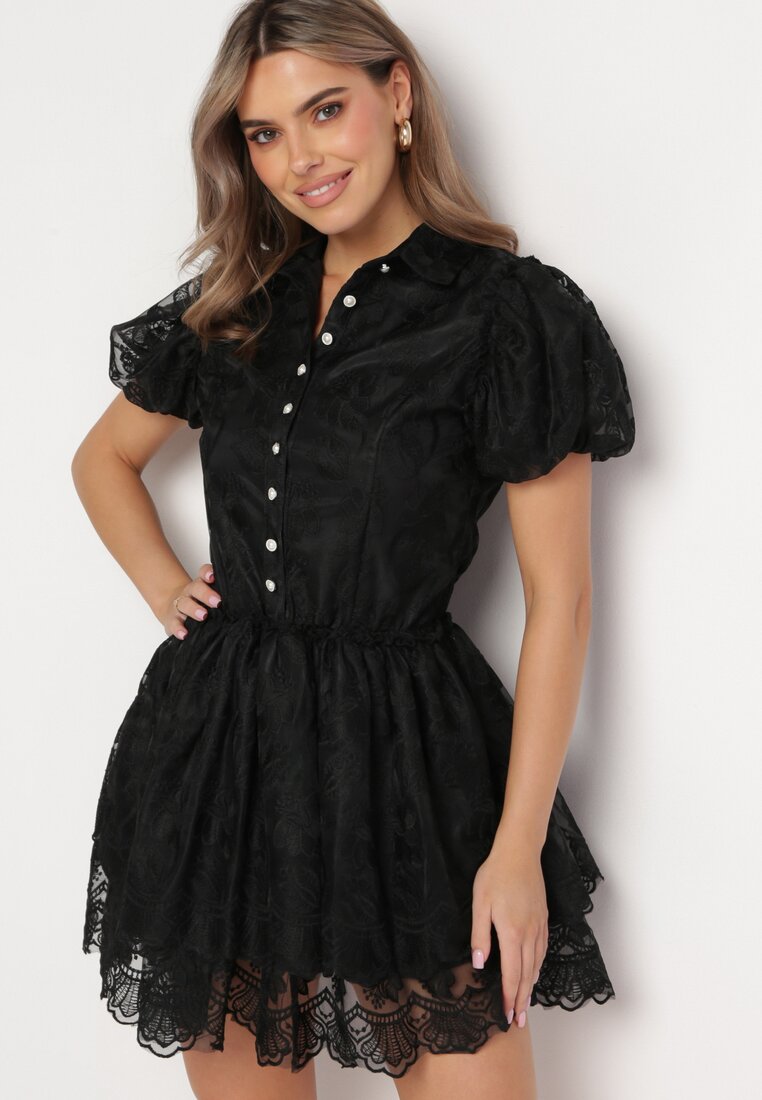 Czarna Koronkowa Sukienka Mini w Kwiaty z Bufiastymi Rękawami Cervi