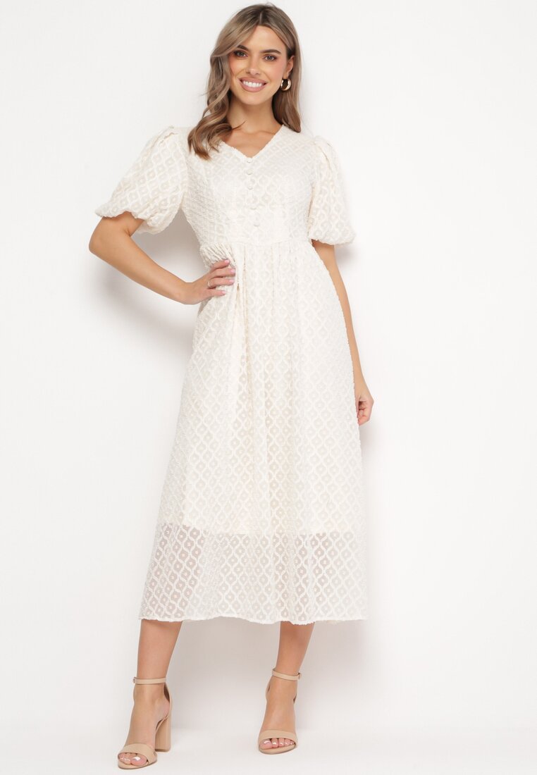 Beżowa Haftowana Sukienka Taliowana Maxi Indiria