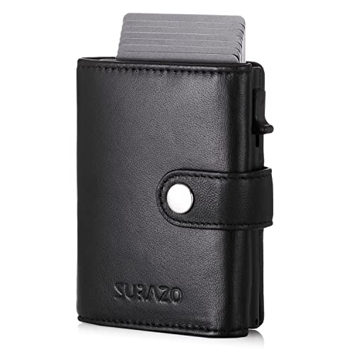 SURAZO® Etui na karty kredytowe z prawdziwej skóry z przegródką na monety, smukły portfel z przegródkami na karty, etui na karty POP-UP, ochrona RFID, NFC, mini skórzane etui na karty, małe etui na
