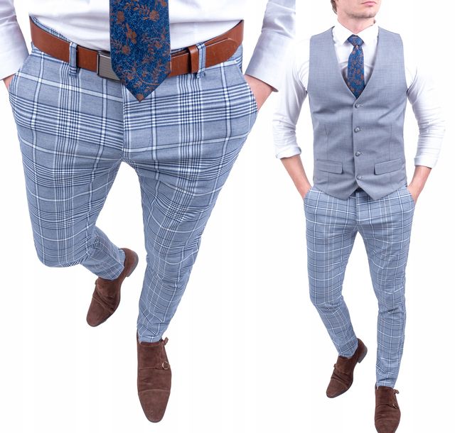 Spodnie męskie eleganckie niebieskie w krate - 33