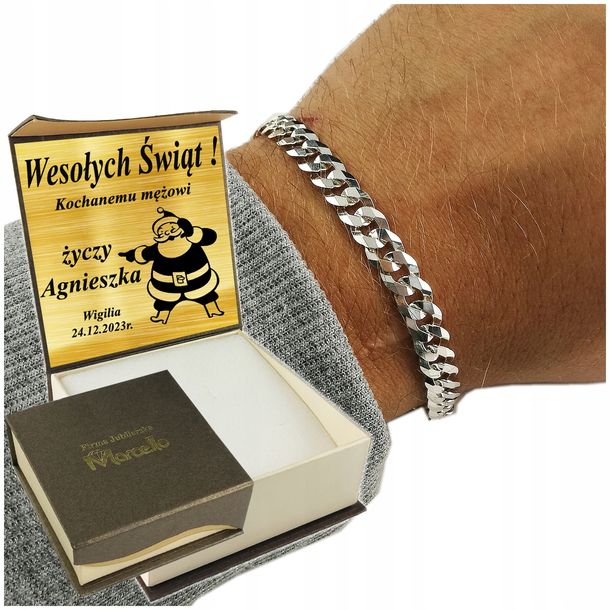 ﻿Srebrna Bransoleta Męska Pancerka 6,5mm/21cm Diamentowana 925 Grawer GRATIS
