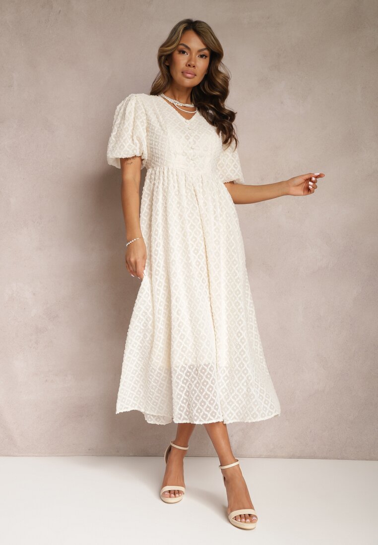 Beżowa Rozkloszowana Sukienka Haftowana Maxi z Krótkim Rękawem Garneta