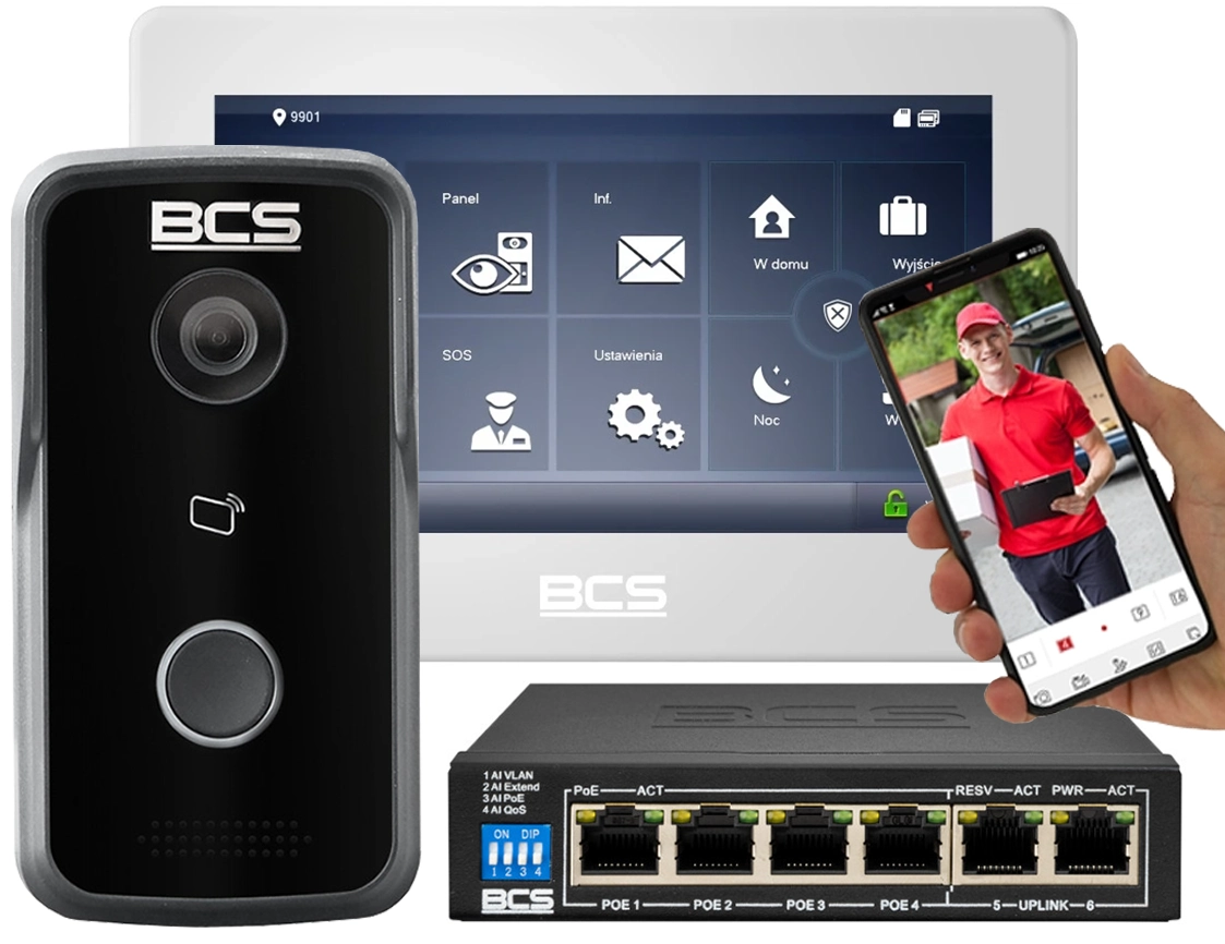 Wideodomofon IP BCS-MON7700W-S/BCS-PAN1300B-S Switch POE Wąski Słupek Aplikacja Sterowanie Furtka