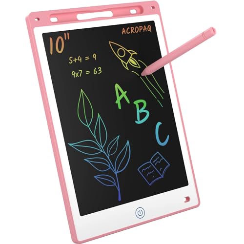 ACROPAQ Tablica do pisania LCD dla dzieci - różowa 10-calowa tablica do malowania LCD dla dzieci - przenośna tablica do pisania dla dzieci z kolorowym ekranem, długopisem i miejscem na karty pamięci,