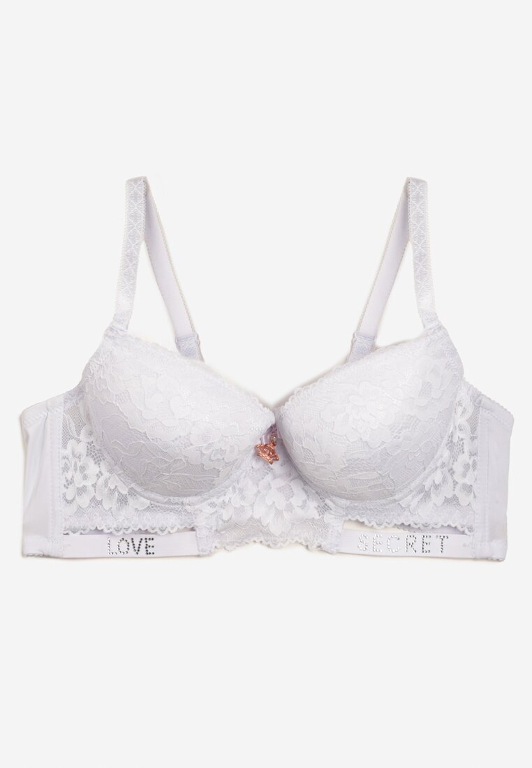 Biały Koronkowy Biustonosz Push-Up z Ozdobną Zawieszką i Cyrkoniami Verenia