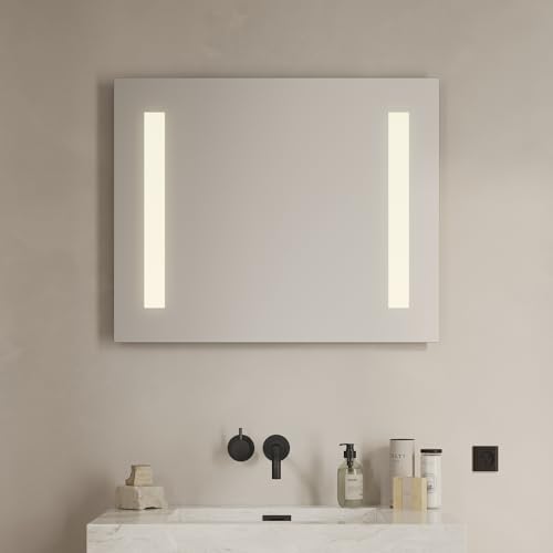 Loevschall Godhavn kwadratowe lustro łazienkowe z oświetleniem LED, z włącznikiem dotykowym, 80 x 65 cm, regulowane lustro łazienkowe z oświetleniem