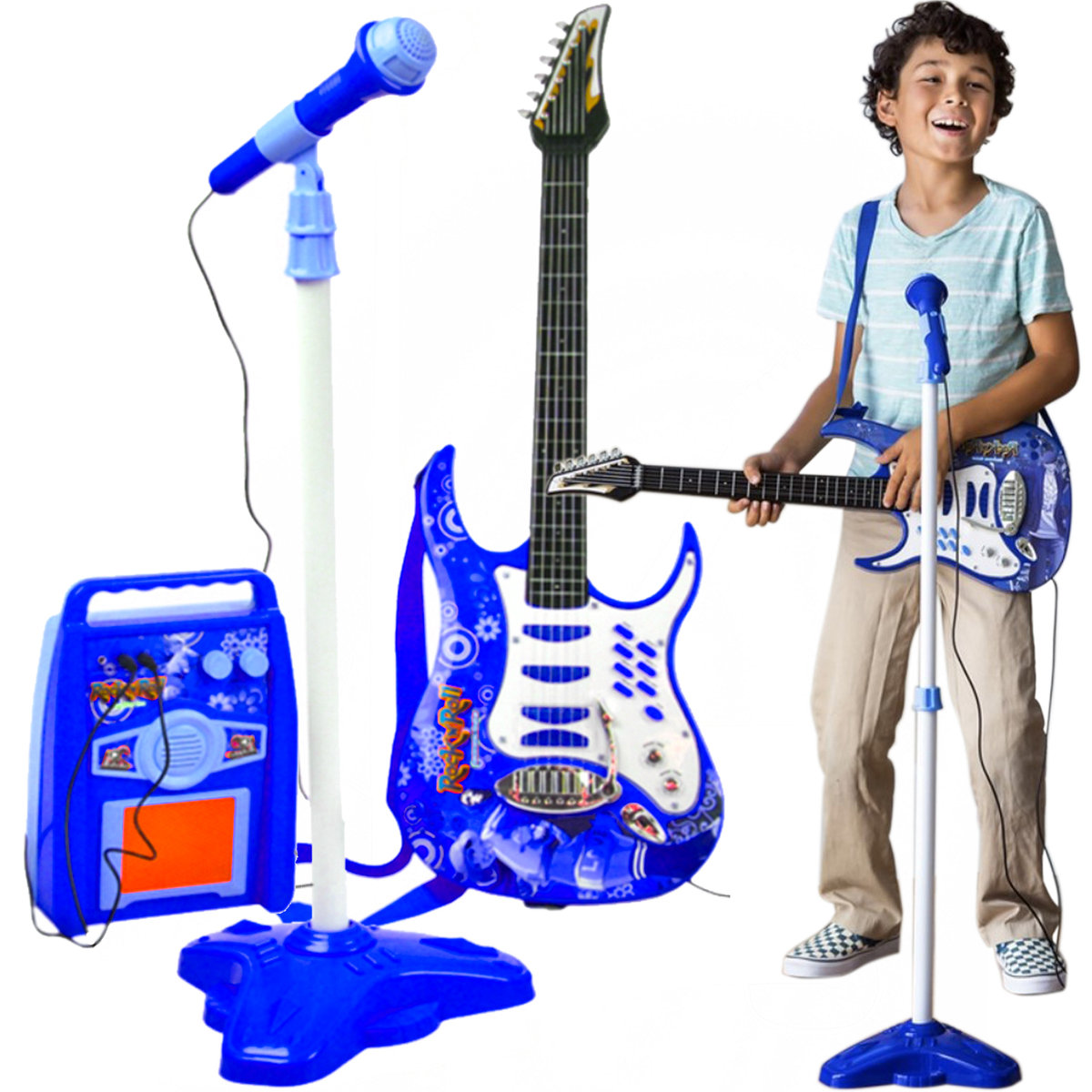 Gitara dla Dzieci Elektryczna Rockowa Mikrofon Wzmacniacz Gra Świeci Zestaw KRUZZEL