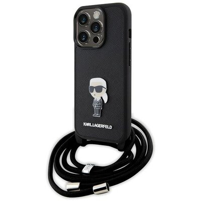 Karl Lagerfeld Etui iPhone 15 Pro 6.1 Crossbody Saffiano Monogram Metal Pin Czarny KLHCP15LSASKNPSK