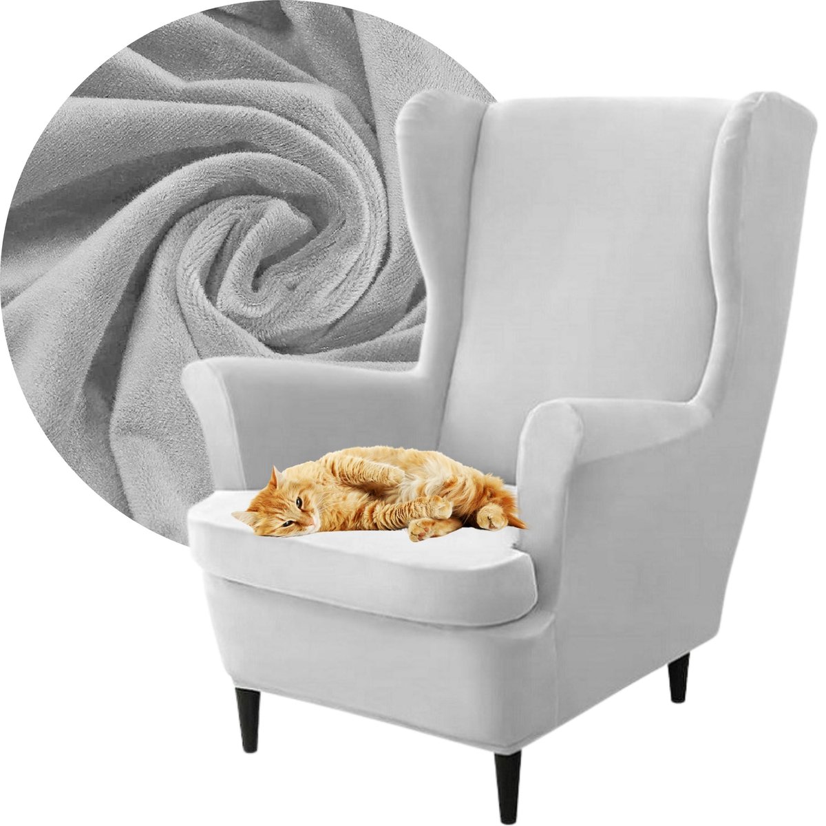 Pokrowiec Na Fotel Uszak Welur Premium Aksamit Elastyczny Jasny Szary