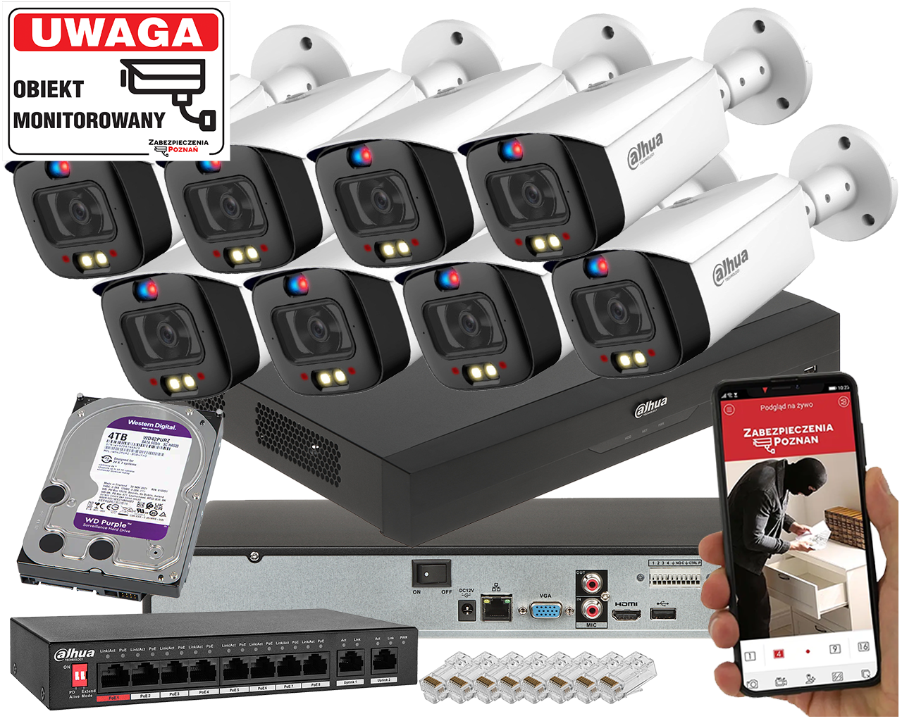 Profesjonalny zestaw Monitoringu na 8 kamer IP DAHUA z Aktywnym Odstraszaniem IPC-HFW3849T1-AS-PV-0280B-S4 8Mpx TiOC Full-Color Analityka SMD+
