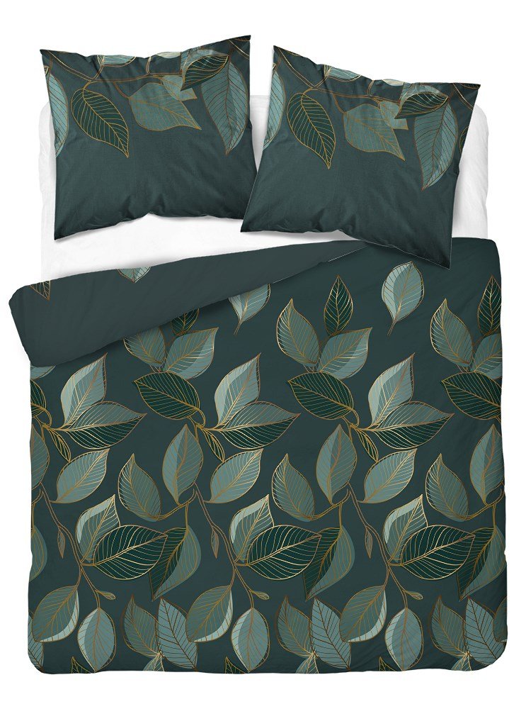 Pościel satynowa 180x200 zielona ciemna zlota liście 4673 B Home Satin 40