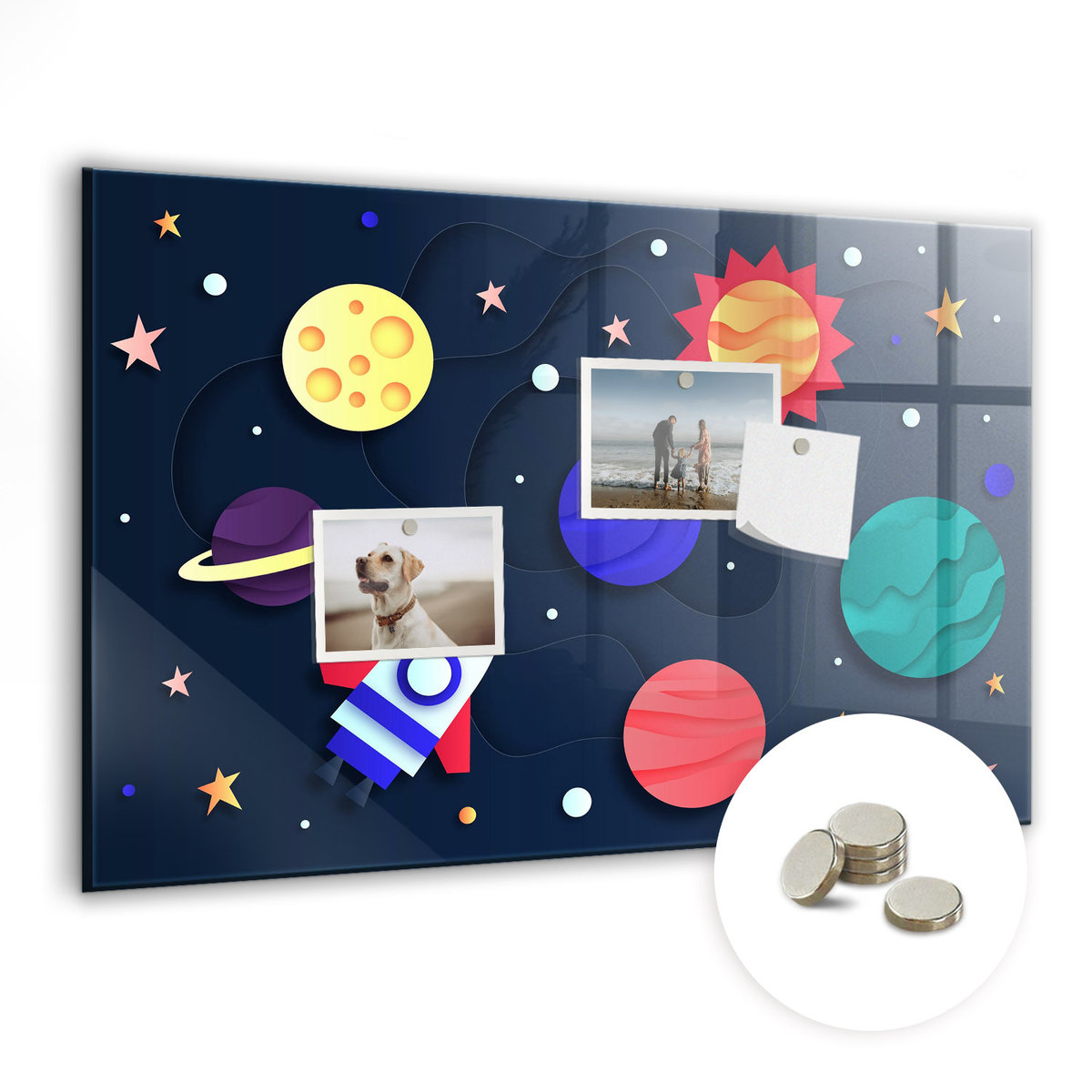 Bezramowa Tablica Magnetyczna ze Szkła, 60x40 cm + Magnesy, Dziecięcy kosmos
