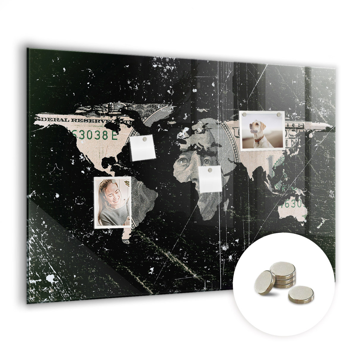Tablica Magnetyczna do Biura z Magnesami - 100x70 cm - WZÓR Mapa świata dolar