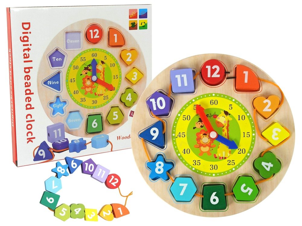 Zegar Drewniany Edukacyjny Sorter Montessori Nauka Cyfry Kształty Kolory