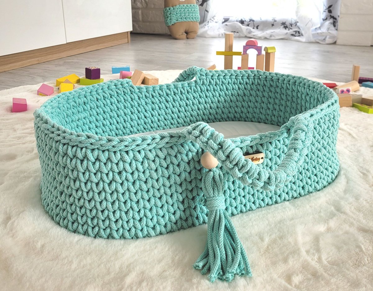 Kosz Mojżesza Boho Bawełniany- Nosidełko Dla Lalek - Miętowy