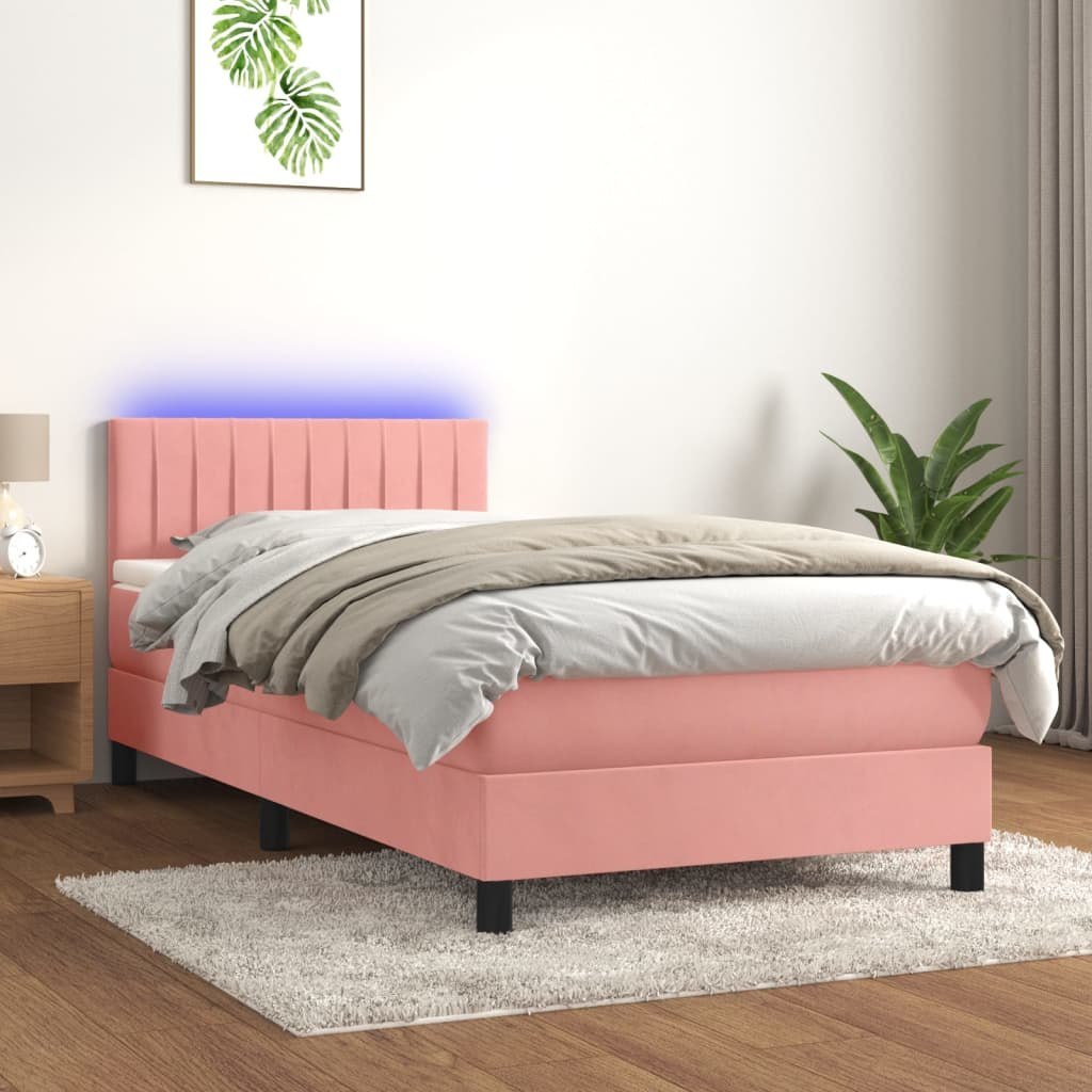 Łóżko kontynentalne z materacem i LED, różowy aksamit 90x190 cm Lumarko!