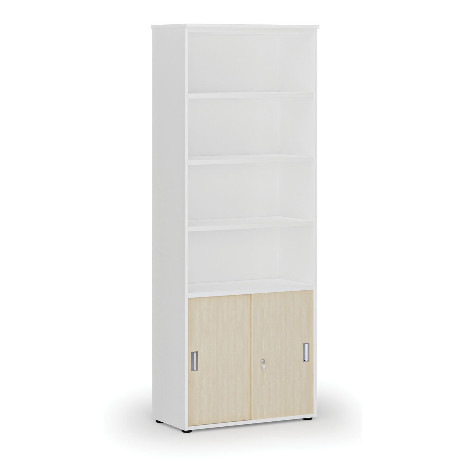 Szafa biurowa kombinowana PRIMO WHITE, drzwi przesuwne na 2 poziomach, 2128 x 800 x 420 mm, biały/brzoza