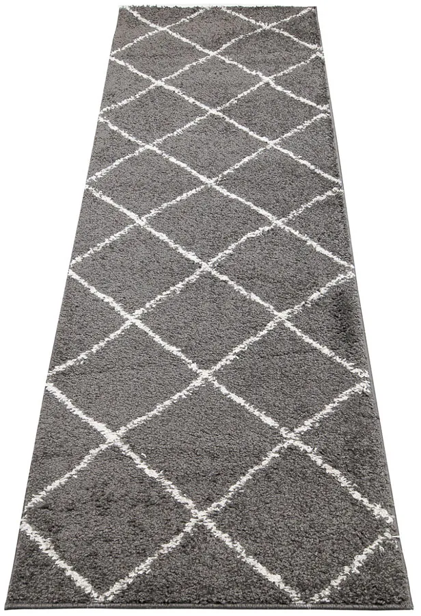 Szary chodnik dywanowy shaggy w kratkę E4-H13
