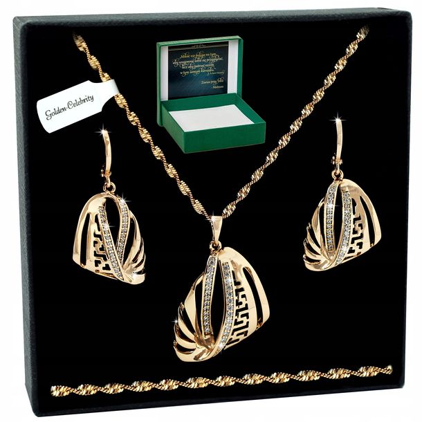 Złoty Komplet Stal Chirurgiczna Łańcuszek + Wisiore + Kolczyki / Grecki 18k