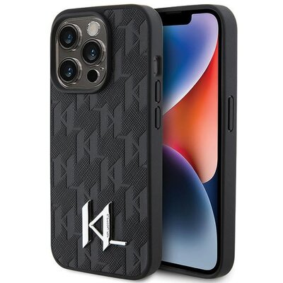 Etui KARL LAGERFELD Leather Monogram Hot Stamp Metal Logo do Apple Phone 15 Pro Max Czarny