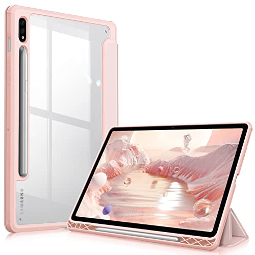 Fintie etui do Samsung Galaxy Tab S8 11 cali 2022 / Galaxy Tab S7 11 2020 - [przechowywanie długopisu] przezroczyste etui z tyłu odporne na wstrząsy etui do snu/budzik samochodowy, różowe złoto