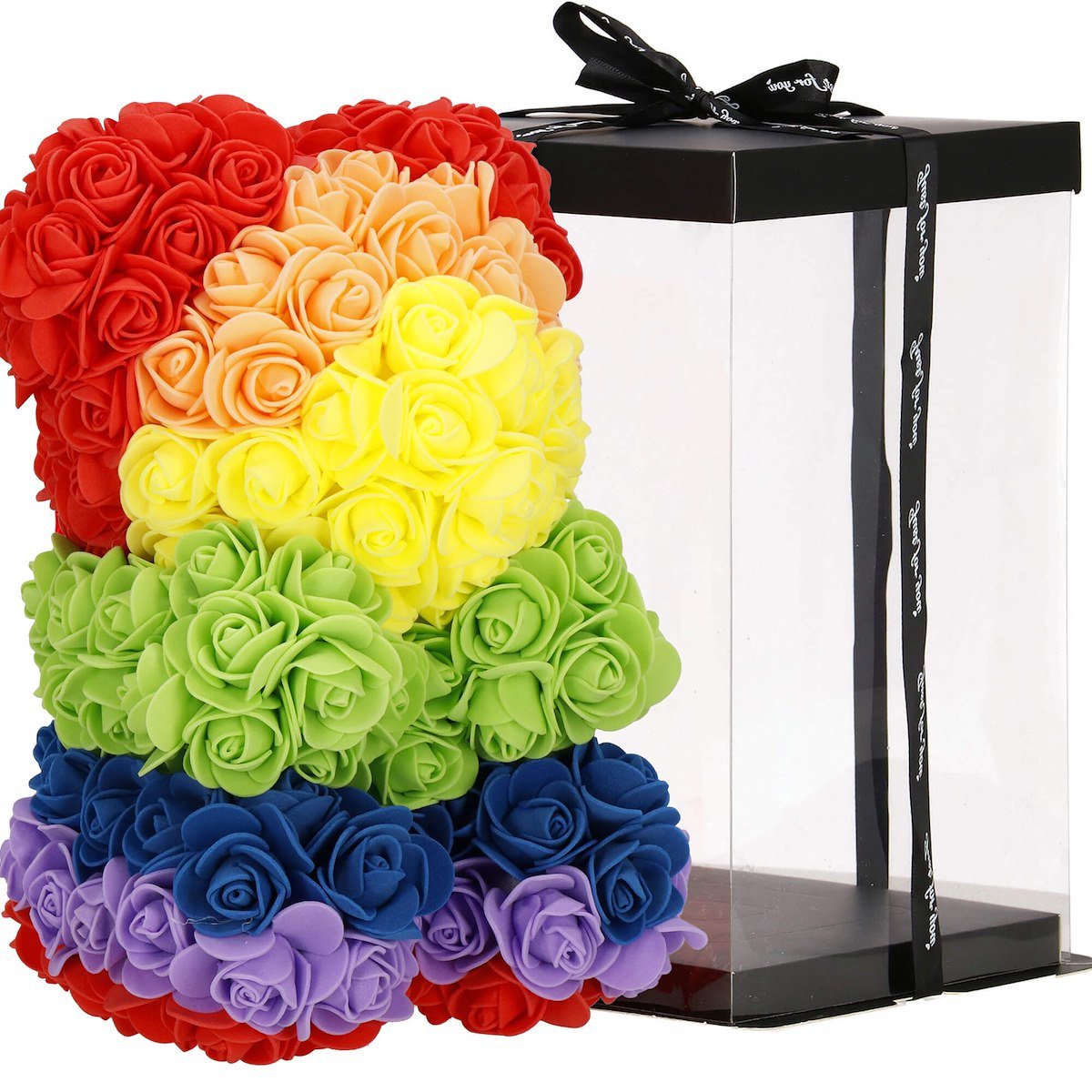 Miś z róż 25 cm multikolor rose bear miś różany z pudełkiem tęczowy