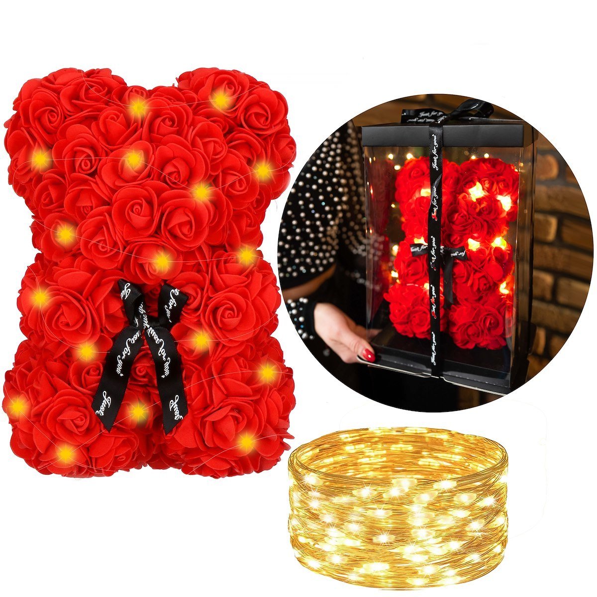 Miś z róż 25 cm czerwony z czarną kokardką i pudełkiem miś różany LED ciepły biały