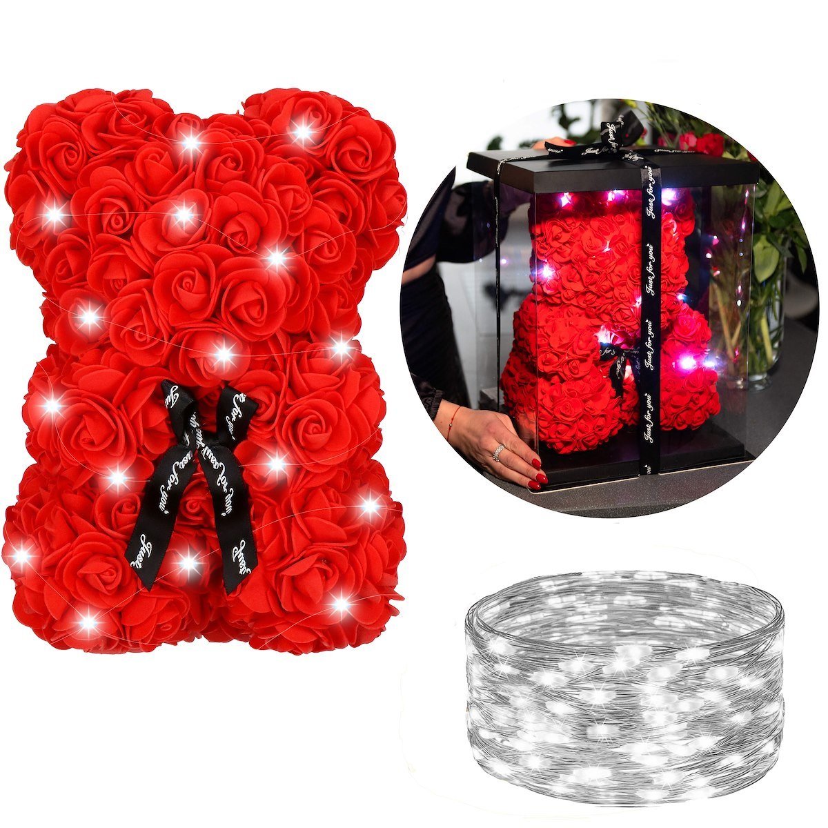 Miś Z Róż 25 Cm Czerwony Z Czarną Kokardką I Pudełkiem Miś Różany Led Zimny Biały